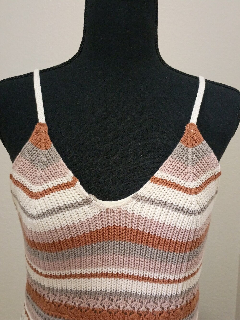 Freshman 1996 Striped Crochet Midi Dress in Cream and Brown - Picture 8 of 9